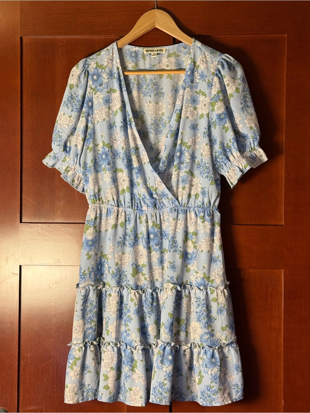 Inspired Hearts Blue & White Floral Tiered Ruffle Mini Dress Size XL